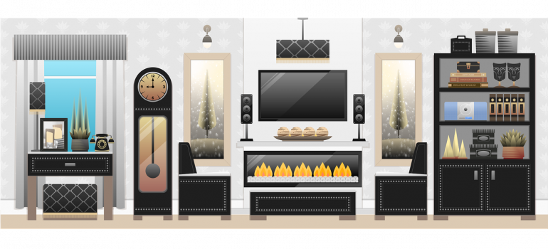 Illustration of a living room with a bookcase, grandfather clock, TV, and side table to be disassembled and packed