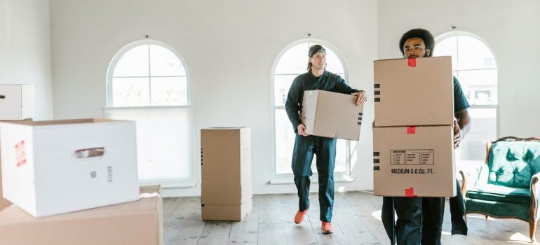 Two movers carrying packed cardboard boxes