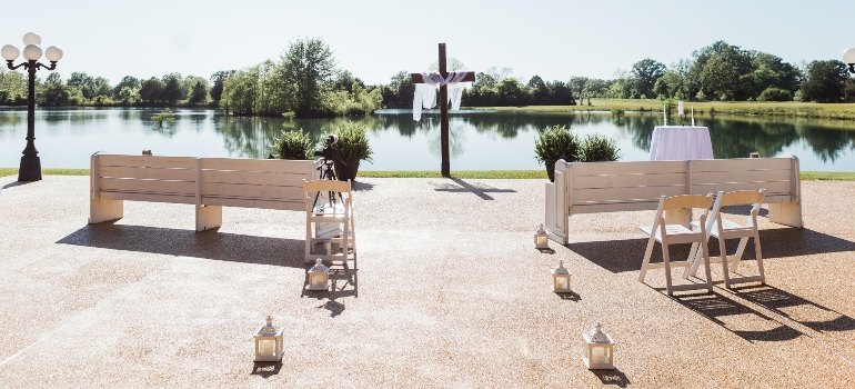 Wedding decoration set up by the water in one of the charming small towns in Mississippi