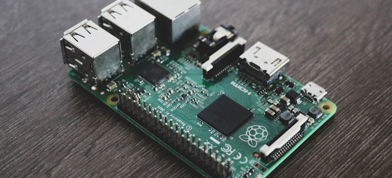 A circuit board from a computer on a table
