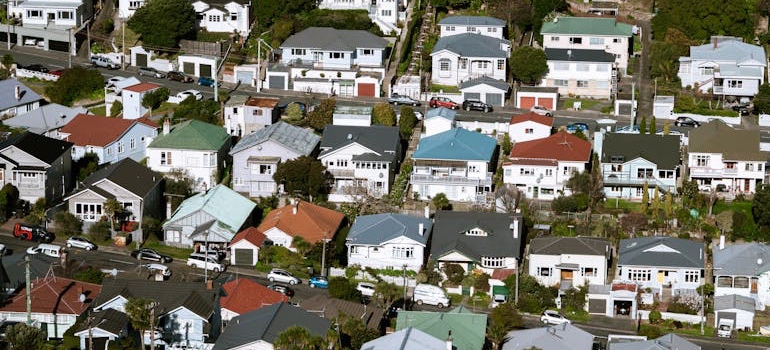 Houses lining a street in a suburban neighborhood