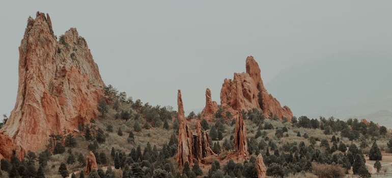 Red rock formations above pine trees at Garden of the Gods, a natural landmark to visit in Colorado