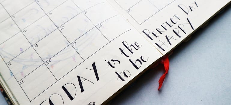 A wall calendar used to plan a packing timeline