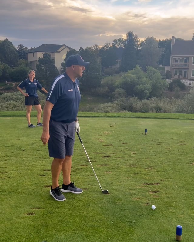 Golfer teeing off at Colorado United's Hole-In-One Challenge at Lone Tree Golf Club
