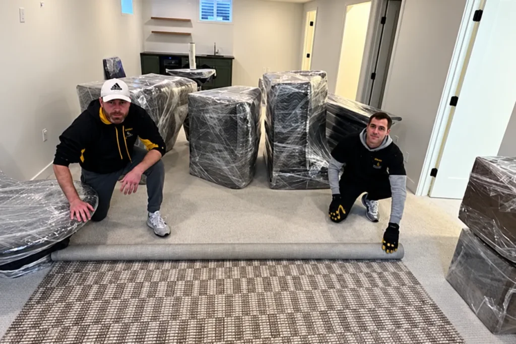 Spyder crew with wrapped furniture in a living room