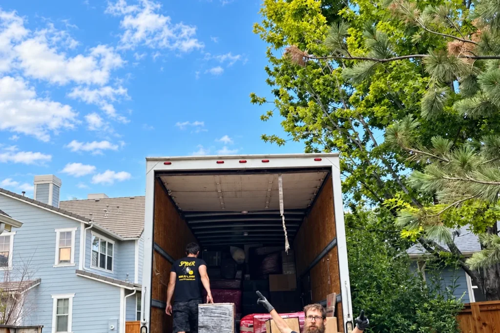 Spyder crew loading a truck in front of a house