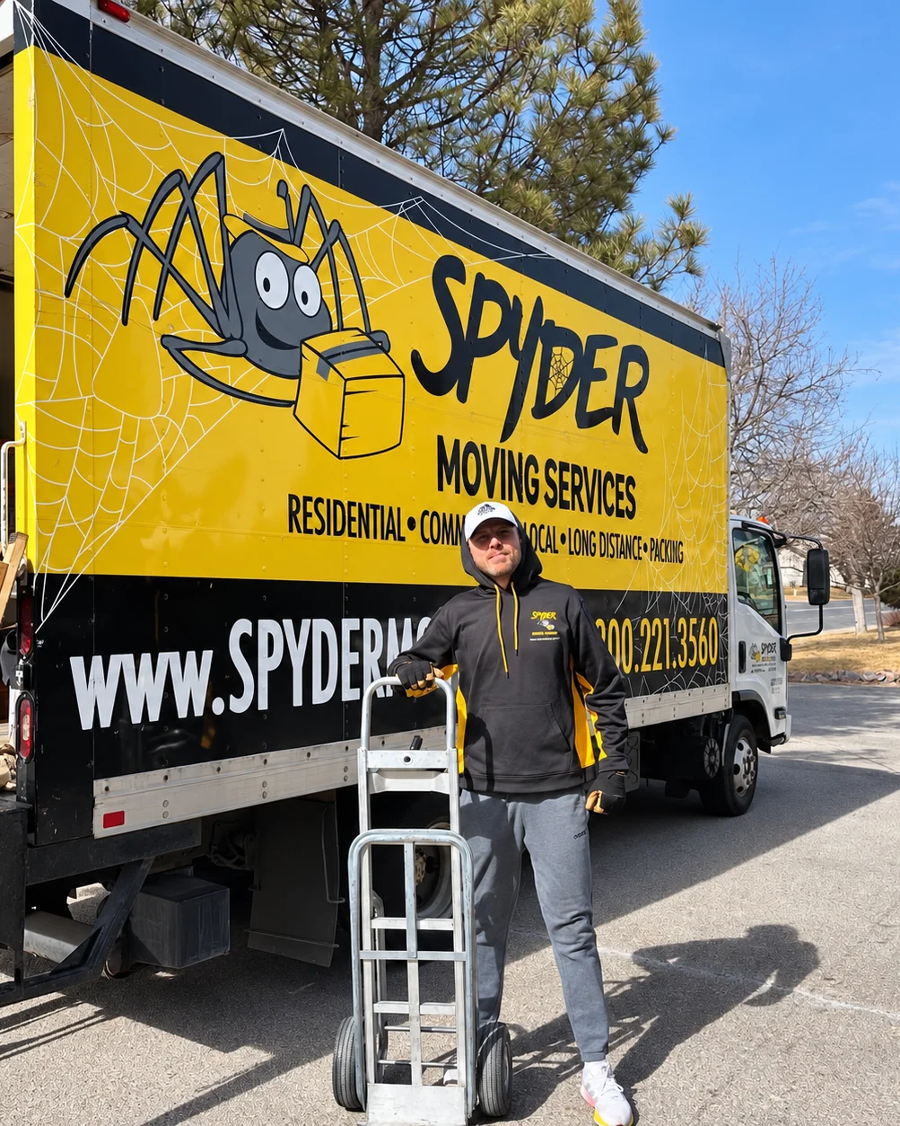 Spyder mover with a hand truck beside the Spyder truck