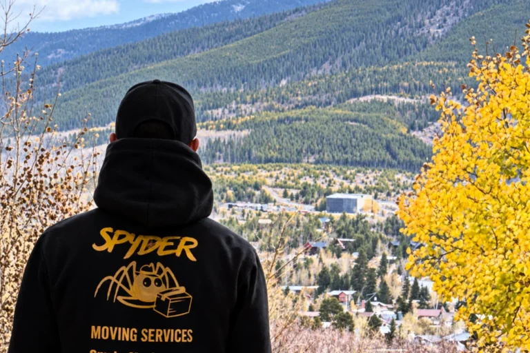 Spyder mover in a company hoodie overlooking a mountain town