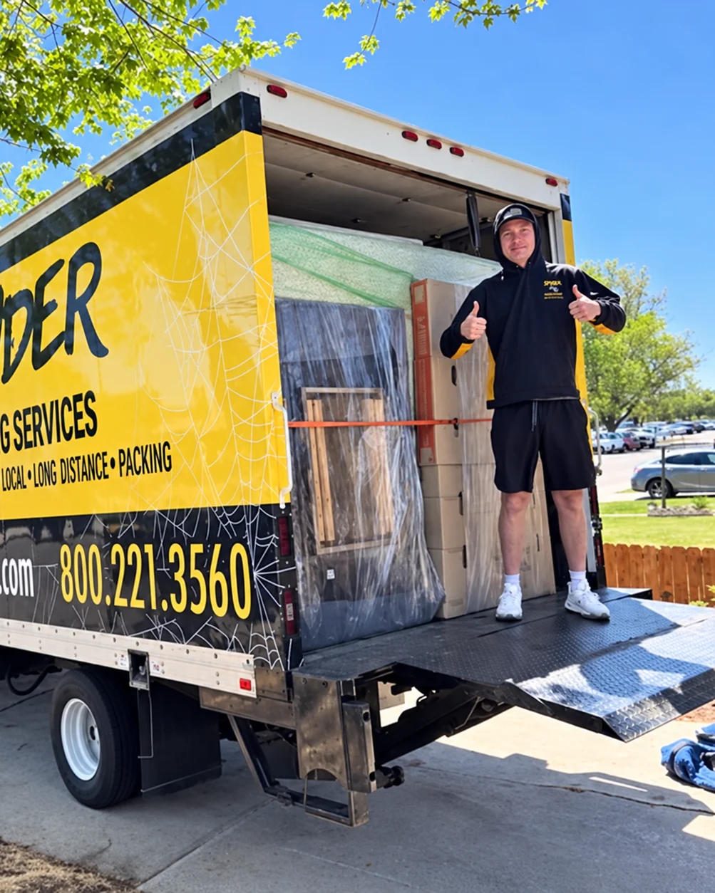 Spyder mover giving a thumbs up on the truck liftgate