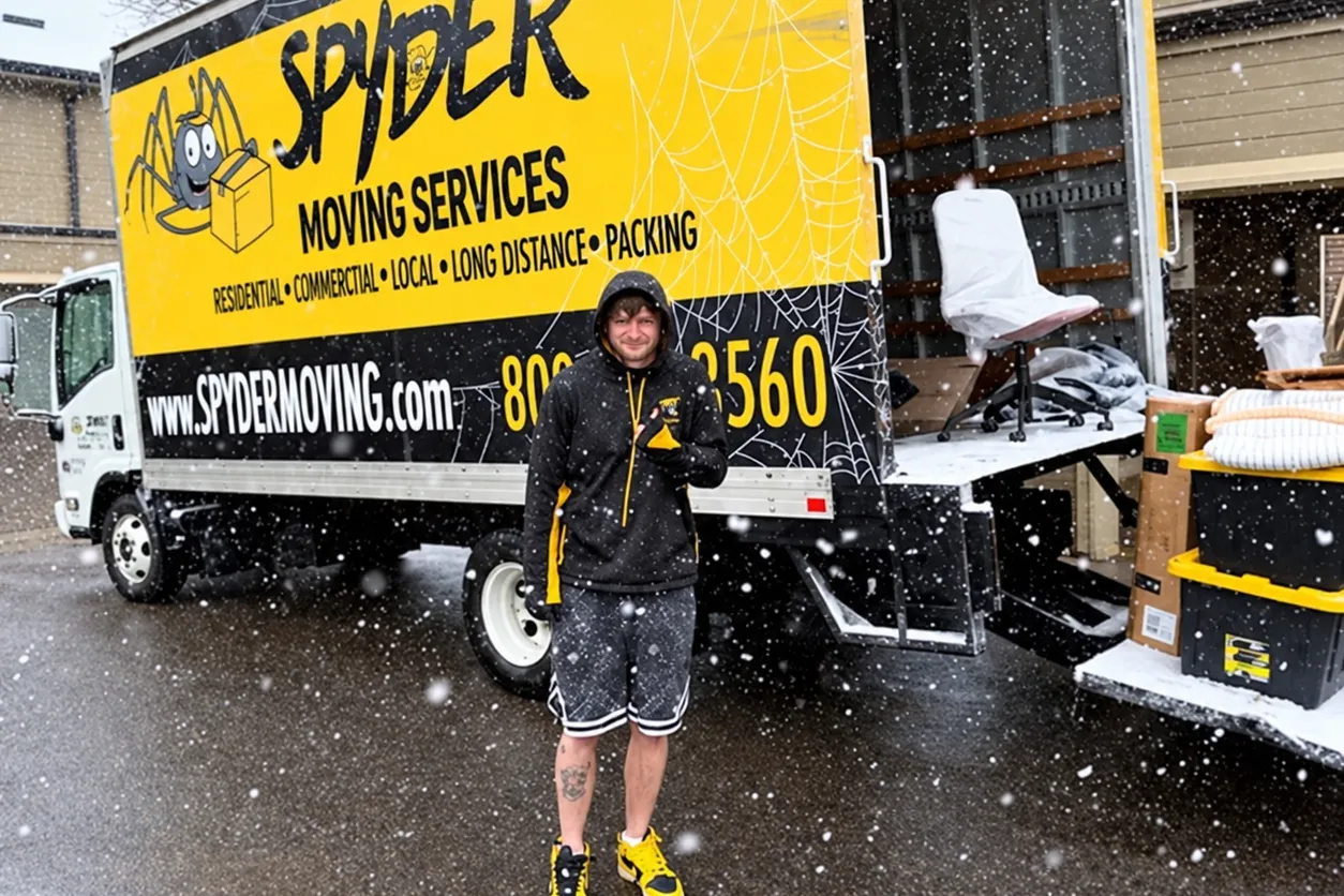 Spyder mover next to the truck in falling snow