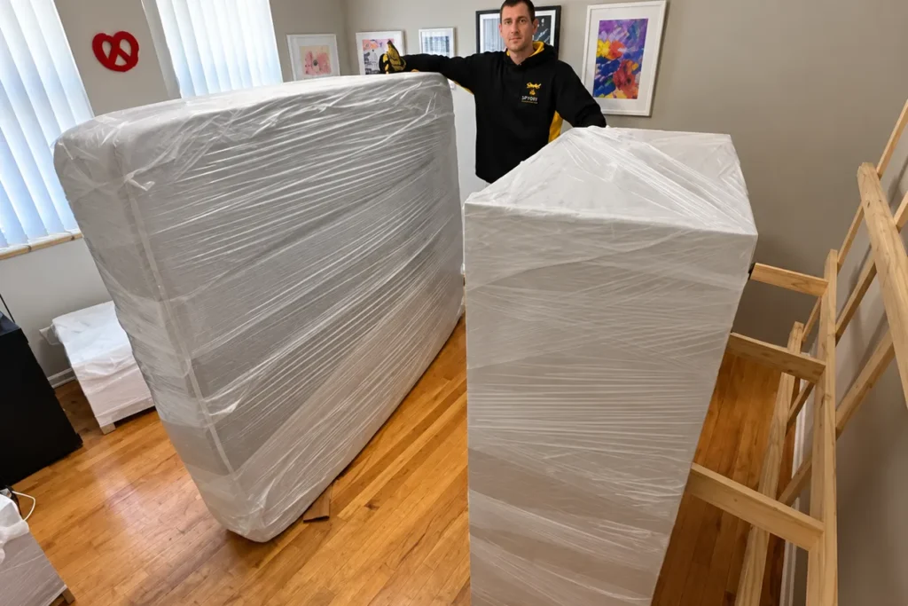 Spyder mover with shrink-wrapped furniture in a bedroom