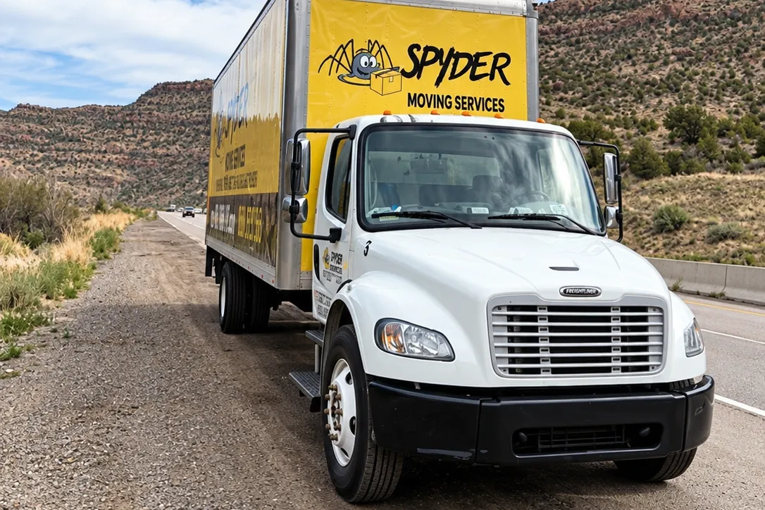 Spyder moving truck on a highway during a long distance move from Colorado