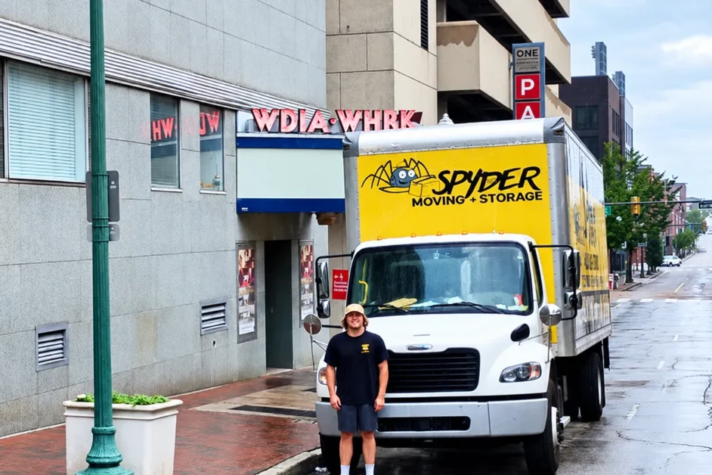 Spyder truck parked on a downtown street for a commercial move