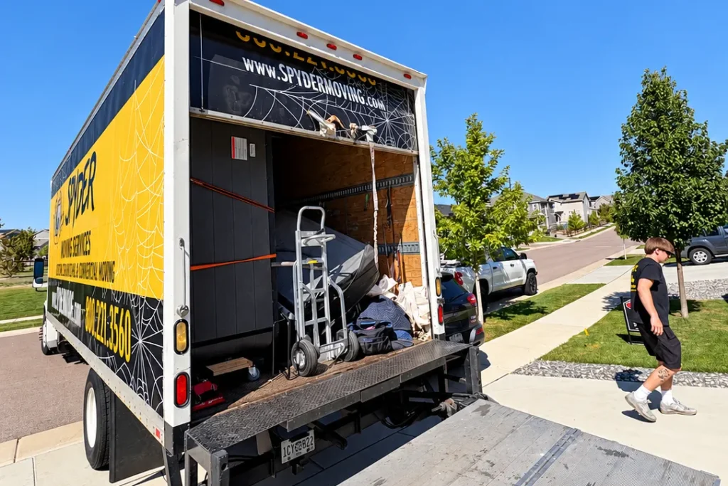 Spyder truck with the liftgate down and a mover with a dolly