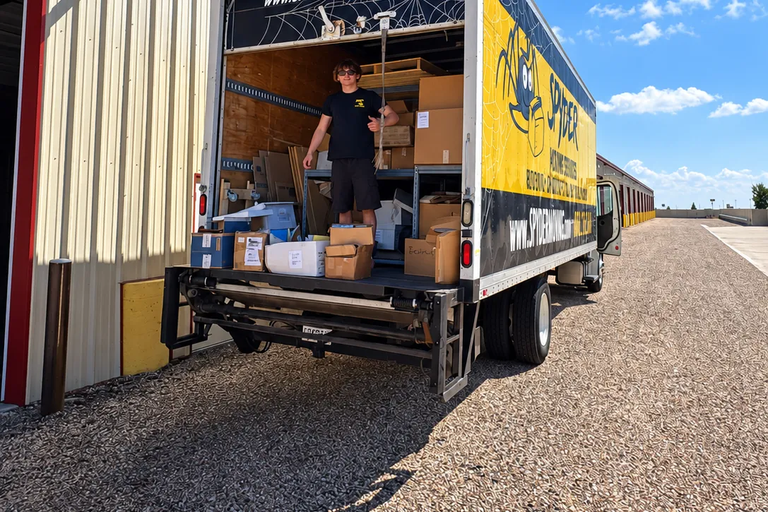 Spyder crew loading boxes into a truck at a storage facility