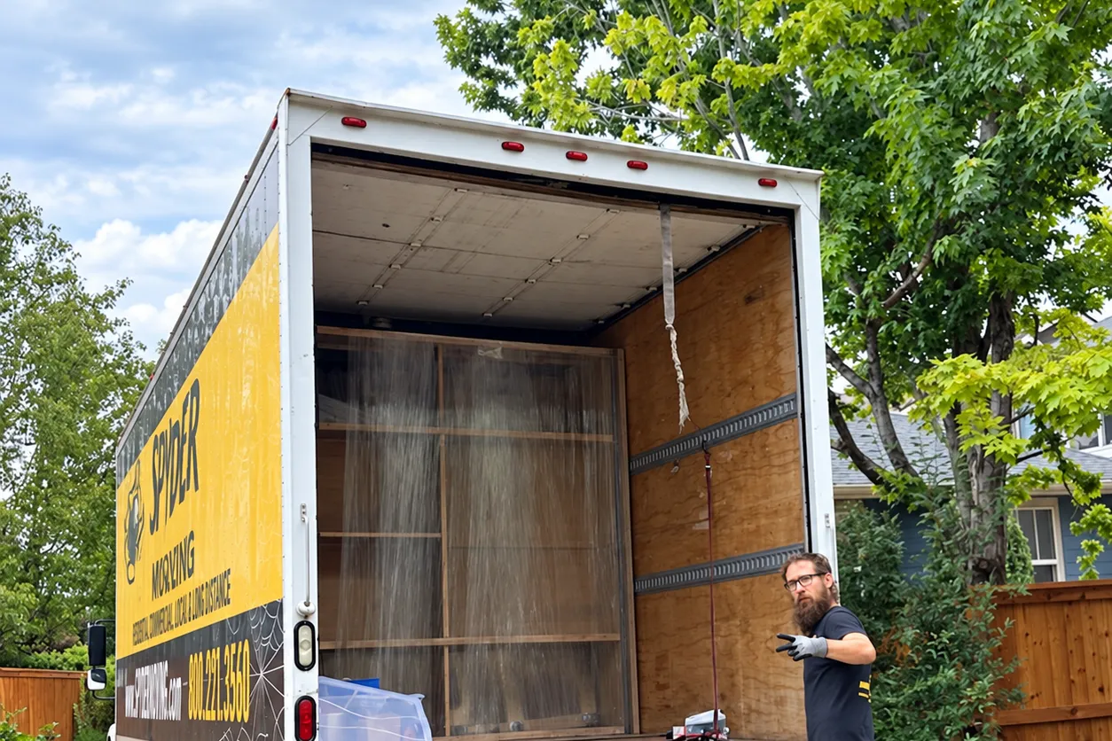 Spyder crew at an open moving truck beside a tree-lined home