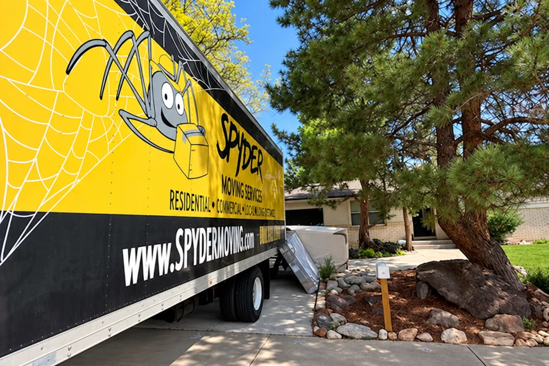 Spyder truck with its ramp down under a pine tree