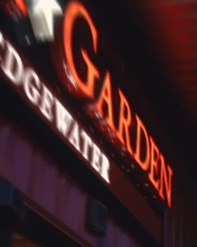 Edgewater Beer Garden sign at night during the July 2026 World Cup watch party